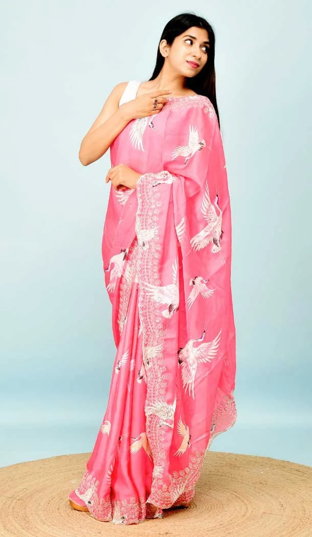 Light Pink Color Georgette Satin Hand and Cut Work Party Wear Designer Saree -5014159200