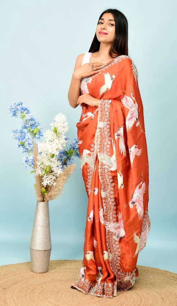 Orange Color Georgette Satin Hand and Cut Work Party Wear Designer Saree -5014159201