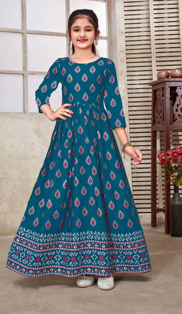 Teal Blue Color Rayon Foil Print Work Party Wear Readymade Kids Gown -5016159210