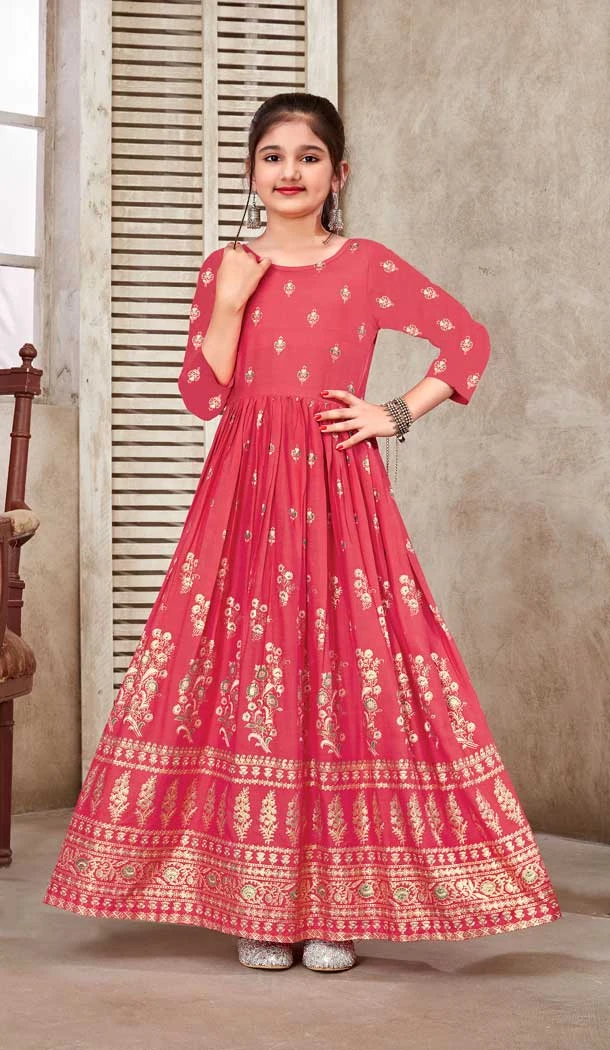 Peach Pink Color Rayon Foil Print Work Party Wear Readymade Kids Gown -5016159211