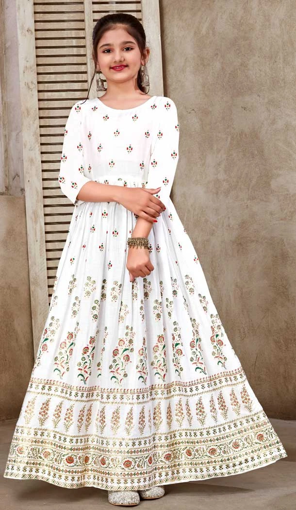White Color Rayon Foil Print Work Party Wear Readymade Kids Gown -5016159213