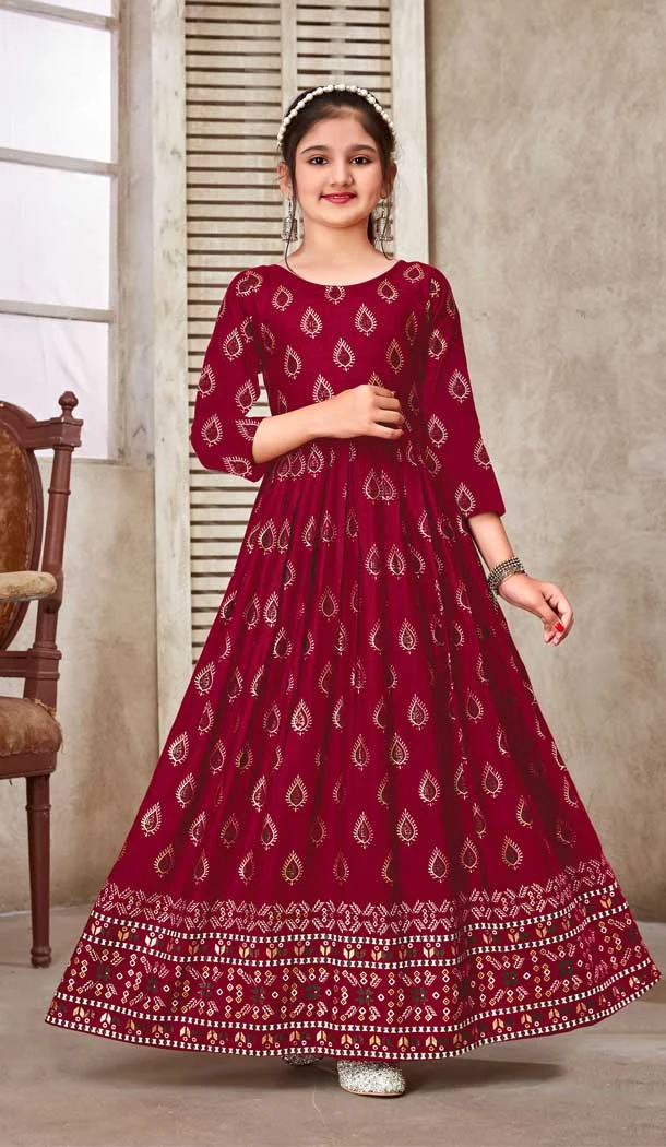 Maroon Color Rayon Foil Print Work Party Wear Readymade Kids Gown -5016159214