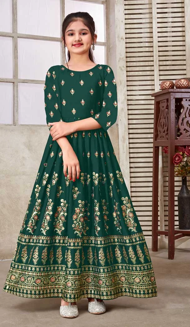 Green Color Rayon Foil Print Work Party Wear Readymade Kids Gown -5016159216