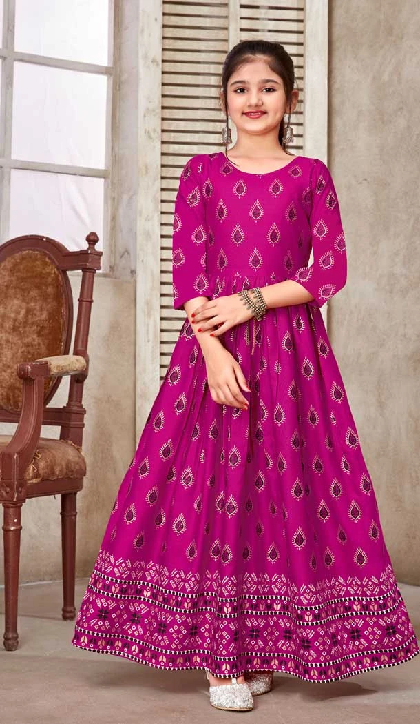 Pink Color Rayon Foil Print Work Party Wear Readymade Kids Gown -5016159217