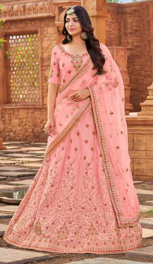 Malai Satin Pink Color Embroidery Work Wedding Wear Lehenga Choli -5020159240
