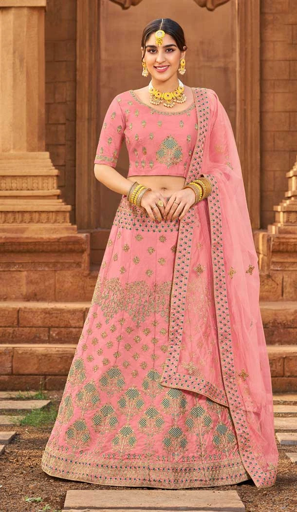 Pink Color Malai Satin Embroidery Work Wedding Wear Lehenga Choli -5020159241