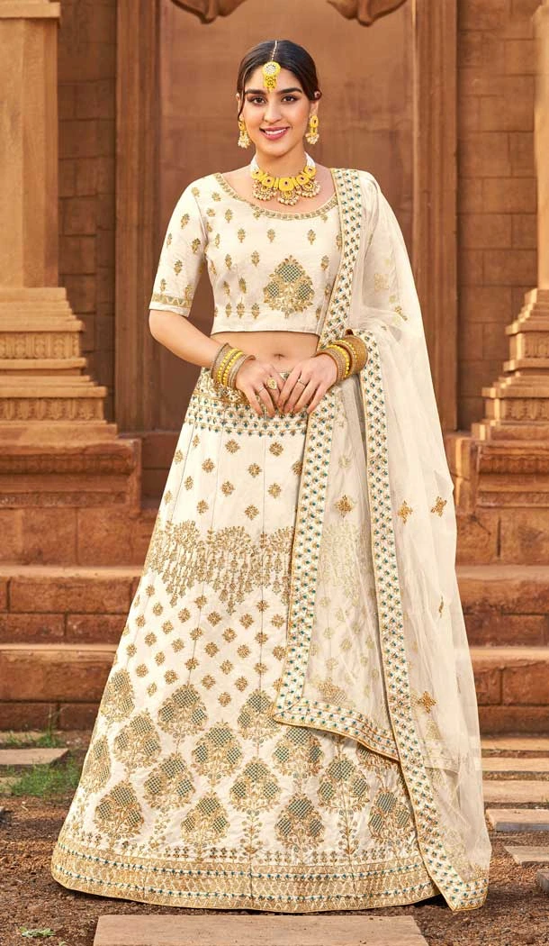 Off White Color Malai Satin Embroidery Work Wedding Wear Lehenga Choli -5020159242