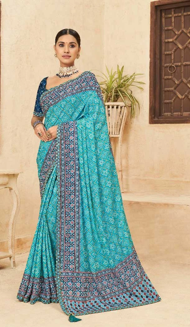 Light Blue Color Chinon Digital Print Mirror Work Party Wear Saree Blouse -5021159243 