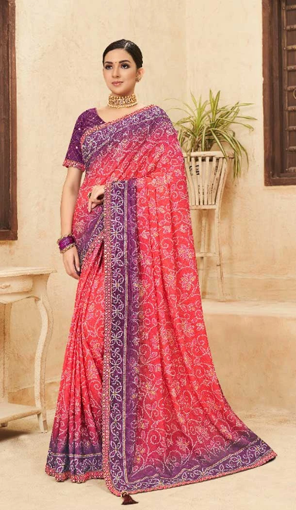 Pink Color Chinon Digital Print Mirror Work Party Wear Saree Blouse -5021159245