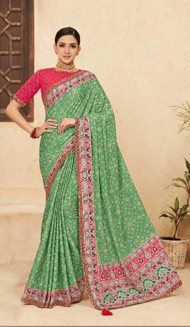 Sea Green Color Chinon Digital Print Mirror Work Party Wear Saree Blouse -5021159246