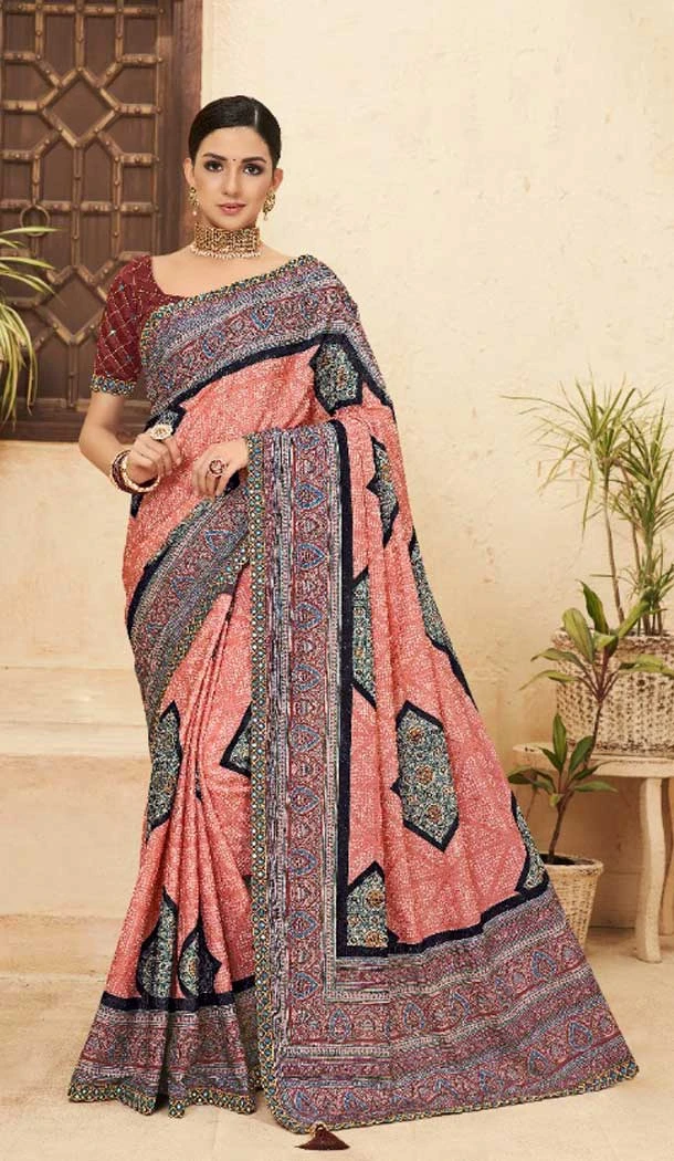 Peach Color Chinon Digital Print Mirror Work Party Wear Saree Blouse -5021159248