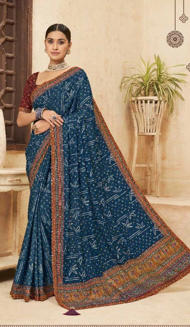Blue Color Chinon Digital Print Mirror Work Party Wear Saree Blouse -5021159249