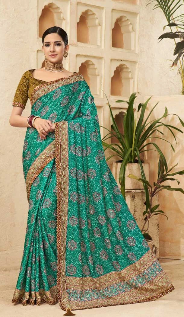 Teal Green Color Chinon Digital Print Mirror Work Party Wear Saree Blouse -5021159250