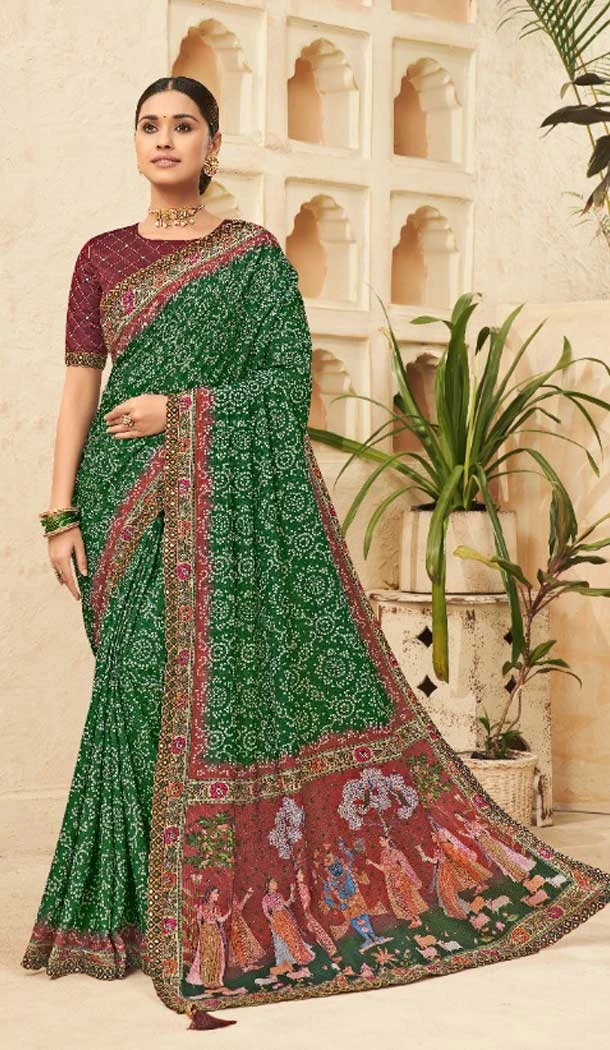 Digital Print Mirror Work Green Color Party Wear Saree Blouse -5021159251