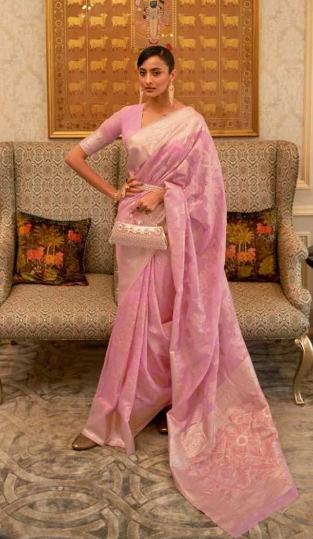 Pink Color Zari Work Modal Handloom Weaving Party Wear Plus Size Saree -5022159252