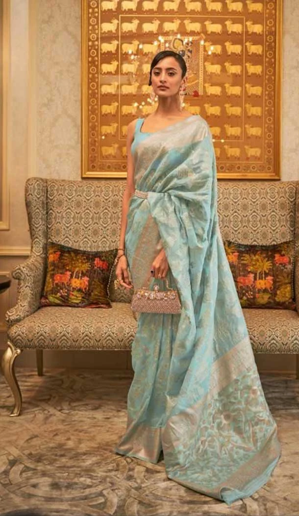 Sky Blue Color Zari Work Modal Handloom Weaving Party Wear Plus Size Saree -5022159254