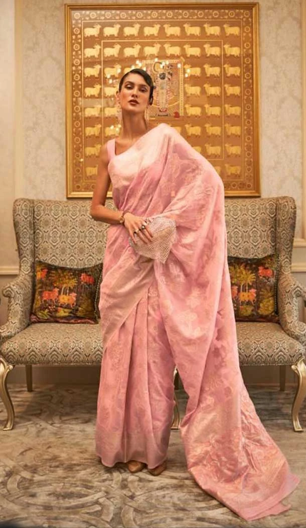 Light Pink Color Zari Work Modal Handloom Weaving Party Wear Plus Size Saree -5022159255