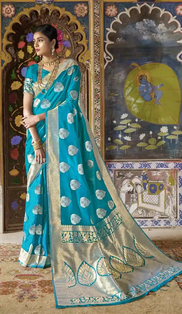 Sky Color Pure Weaving Silk Traditional Saree Blouse -649081122