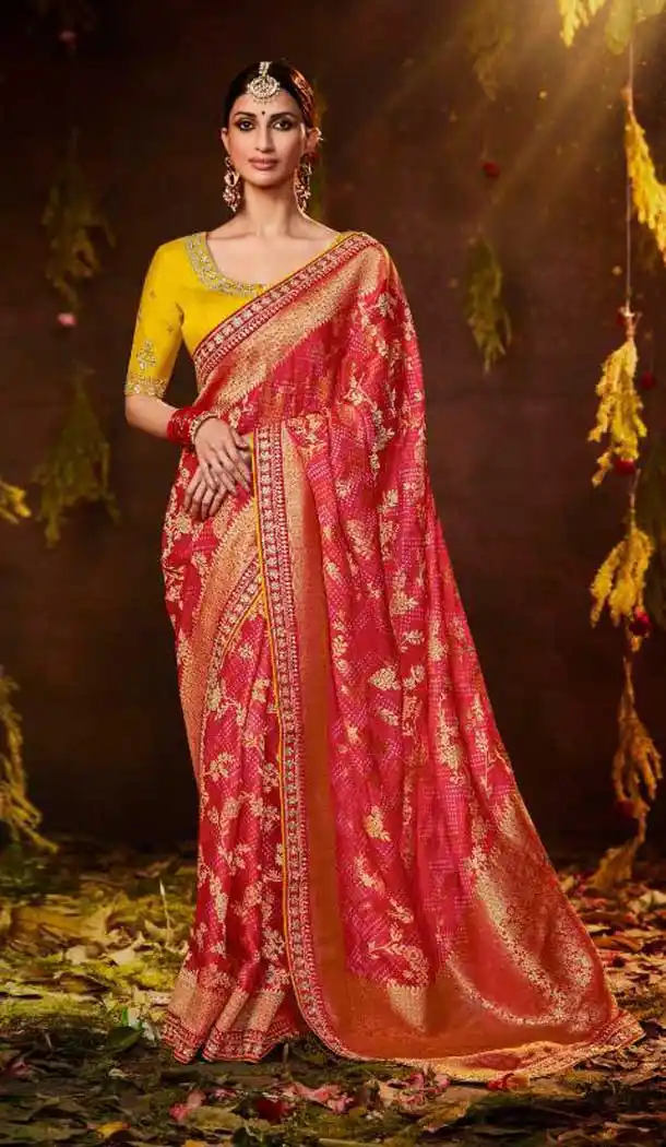Red And Pink Color Silk Bandhej Digital Print And Zari Work Designer Wear Saree -5023159258