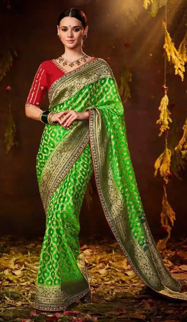 Green Color Silk Bandhej Digital Print And Zari Work Designer Wear Saree -5023159261