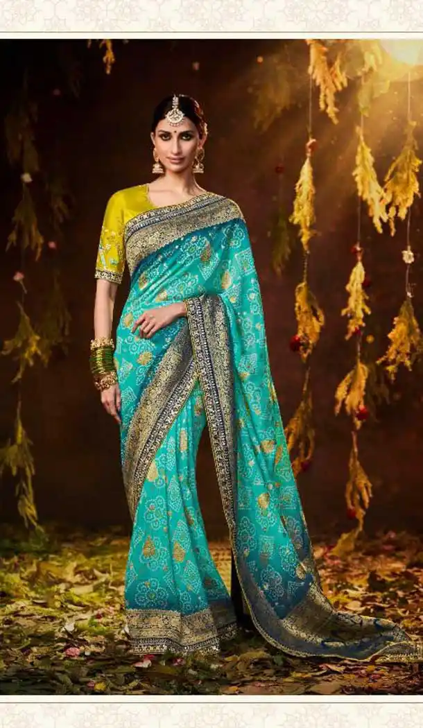 Blue Color Silk Bandhej Digital Print And Zari Work Designer Wear Saree -5023159263