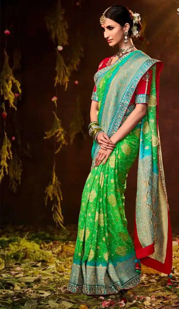 Digital Print And Zari Work Green Color Silk Bandhej Designer Wear Saree -5023159267