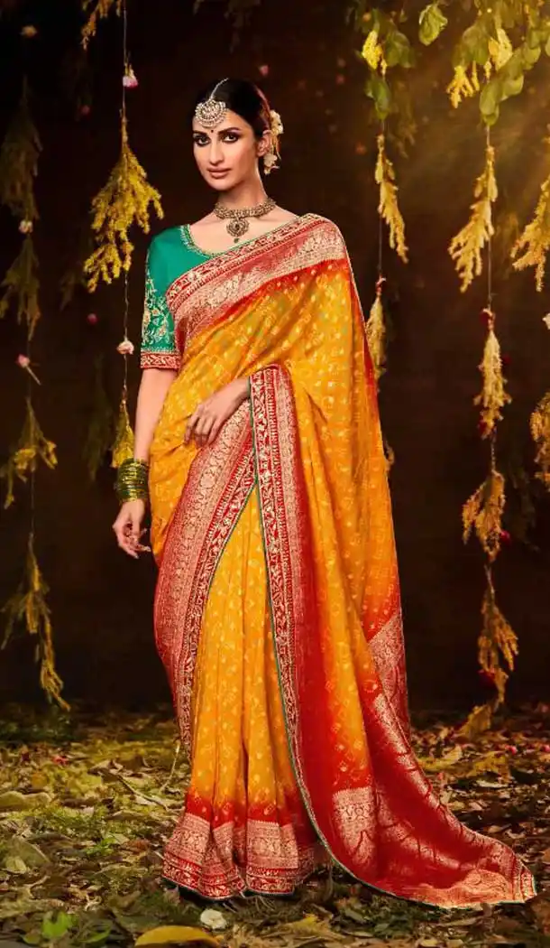 Mustard Color Silk Bandhej Digital Print And Zari Work Designer Wear Saree -5023159268