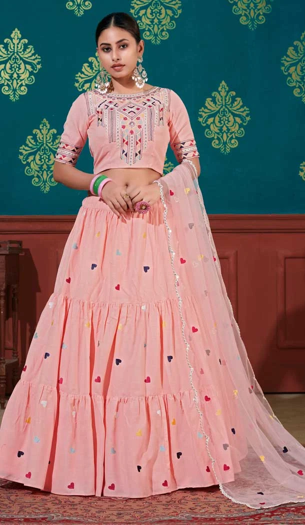 Peach Color Cotton Embroidery Work Party Wear Designer Lehenga Choli -5024159269