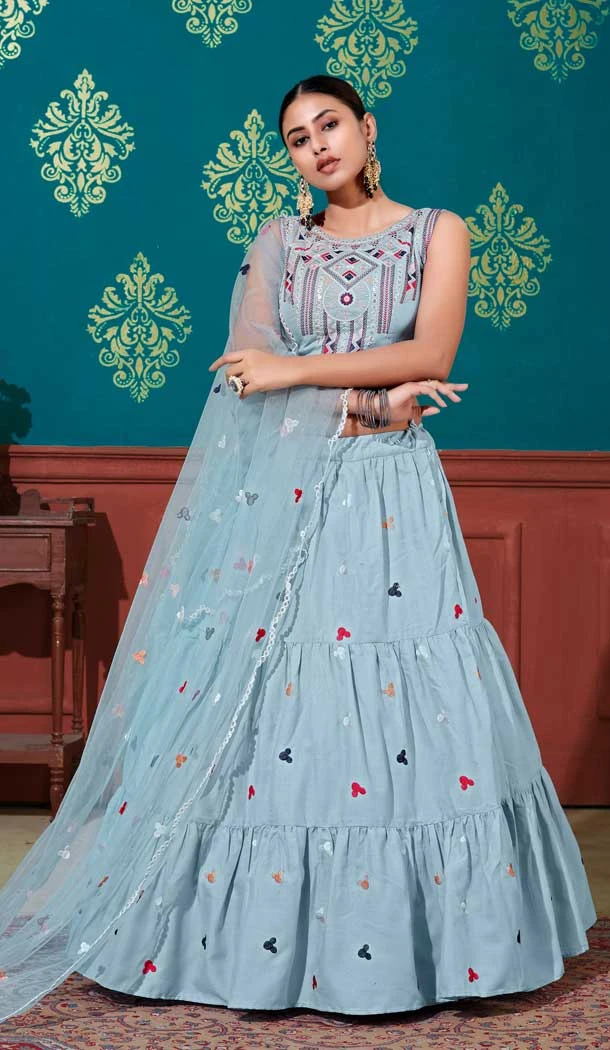 Sky Blue Color Cotton Embroidery Work Party Wear Designer Lehenga Choli -5024159270