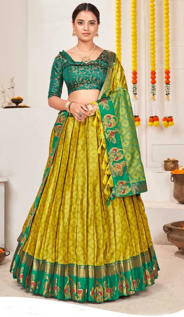 Lemon Yellow Banarasi Jacquard Golden Weaving Work Traditional Wear Lehenga Choli - 5035159377