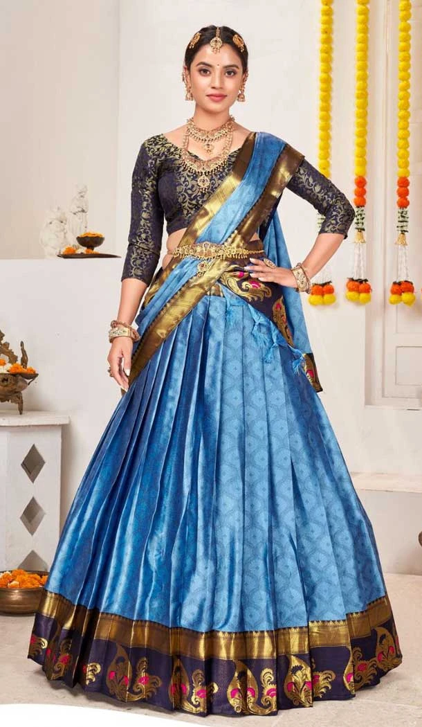 Sky Blue Banarasi Jacquard Golden Weaving Work Traditional Wear Lehenga Choli - 5035159378