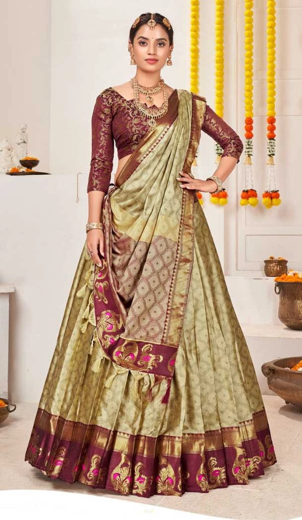 Chiku Gold Banarasi Jacquard Golden Weaving Work Traditional Wear Lehenga Choli - 5035159379