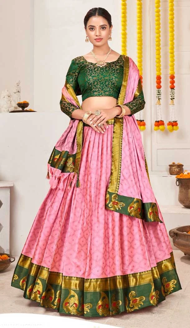 Pink Banarasi Jacquard Golden Weaving Work Traditional Wear Lehenga Choli - 5035159380