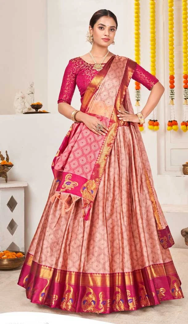 Light Pink Banarasi Jacquard Golden Weaving Work Traditional Wear Lehenga Choli - 5035159381