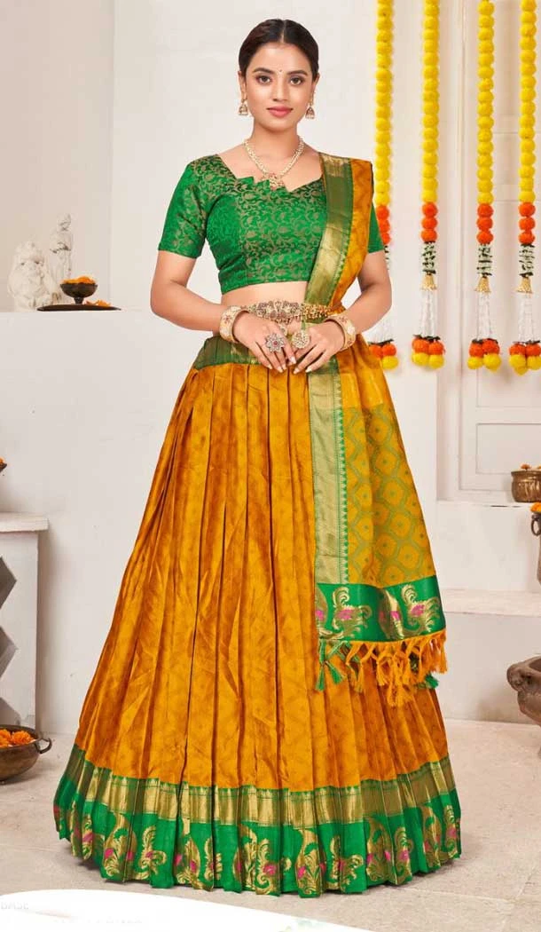 Mustard Banarasi Jacquard Golden Weaving Work Traditional Wear Lehenga Choli - 5035159382