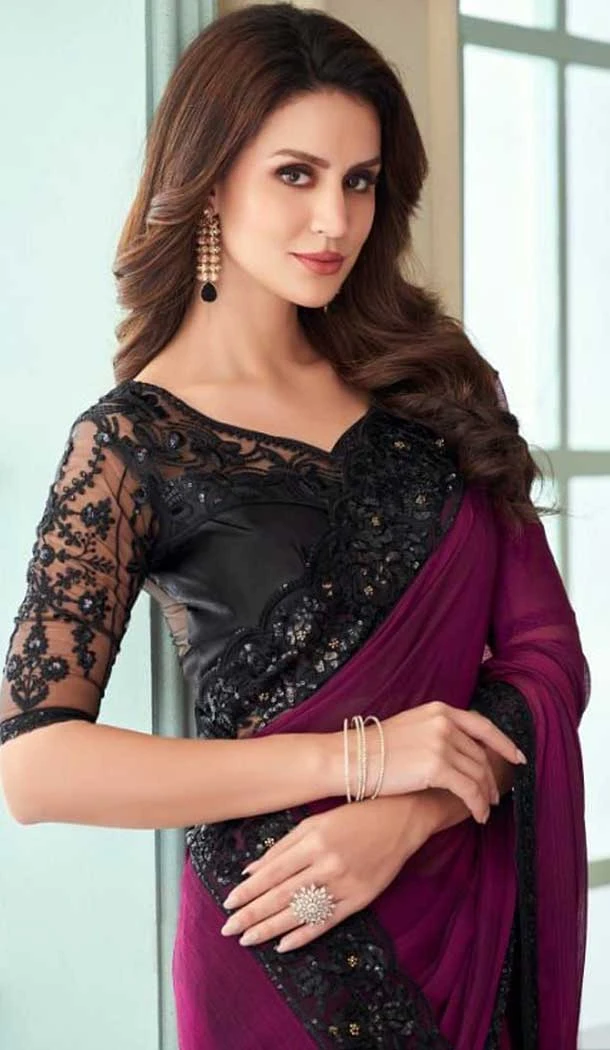 Wine Color Burberry Silk Embroidery Work Party Wear Designer Saree -5025159276