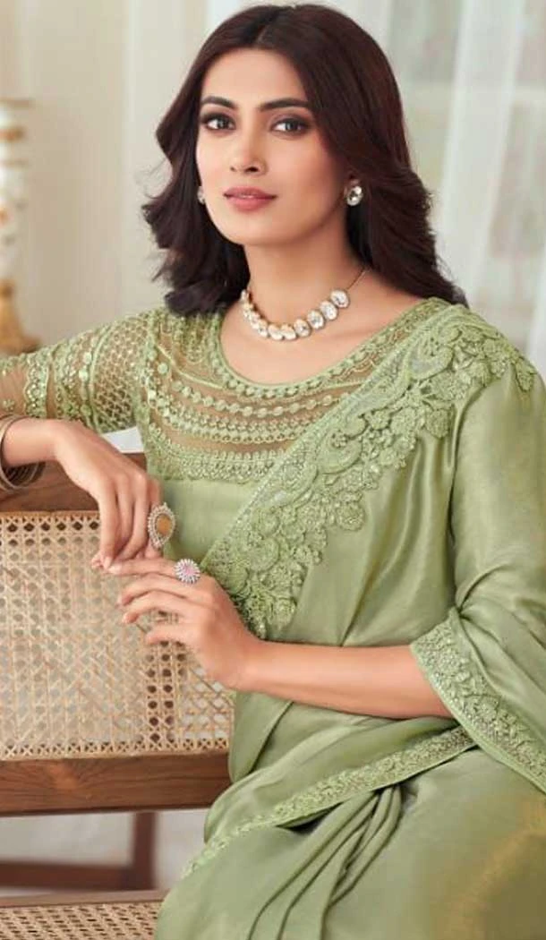 Olive Green Color Oracle Silk Embroidery Work Party Wear Designer Saree -5025159277