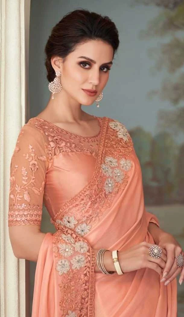 Peach Color Oracle Silk Embroidery Work Party Wear Designer Saree -5025159278