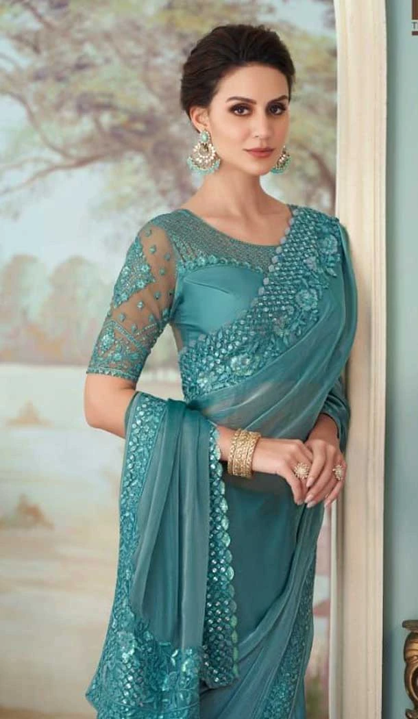 Sky Blue Color Glass Silk Embroidery Work Party Wear Designer Saree -5025159279