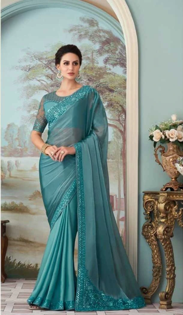 Sky Blue Color Glass Silk Embroidery Work Party Wear Designer Saree -5025159279