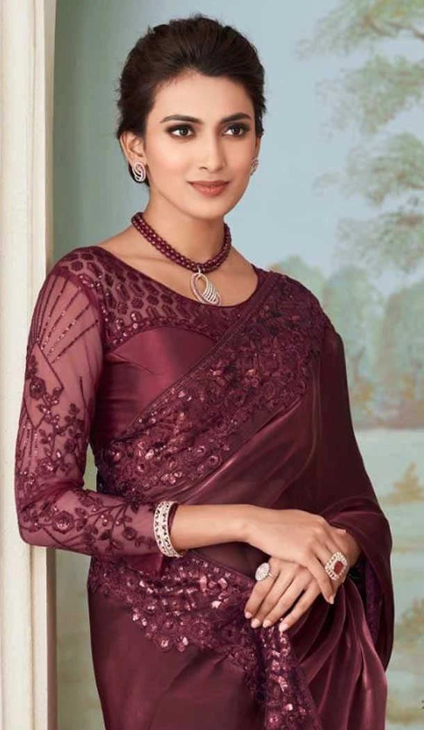 Dark Wine Color Gucci Silk Embroidery Work Party Wear Designer Saree -5025159280