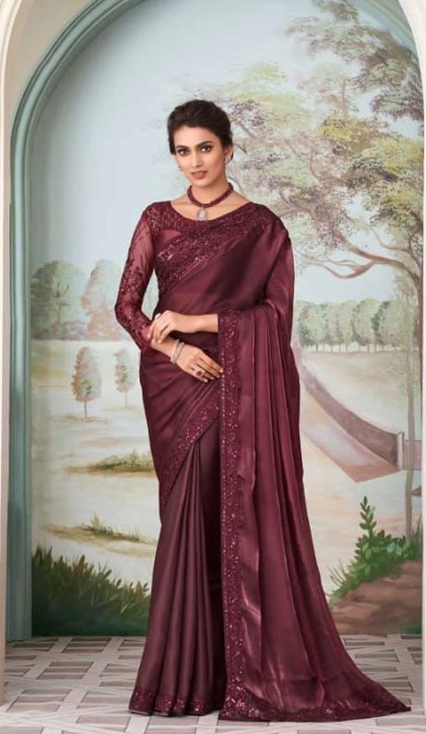 Dark Wine Color Gucci Silk Embroidery Work Party Wear Designer Saree -5025159280