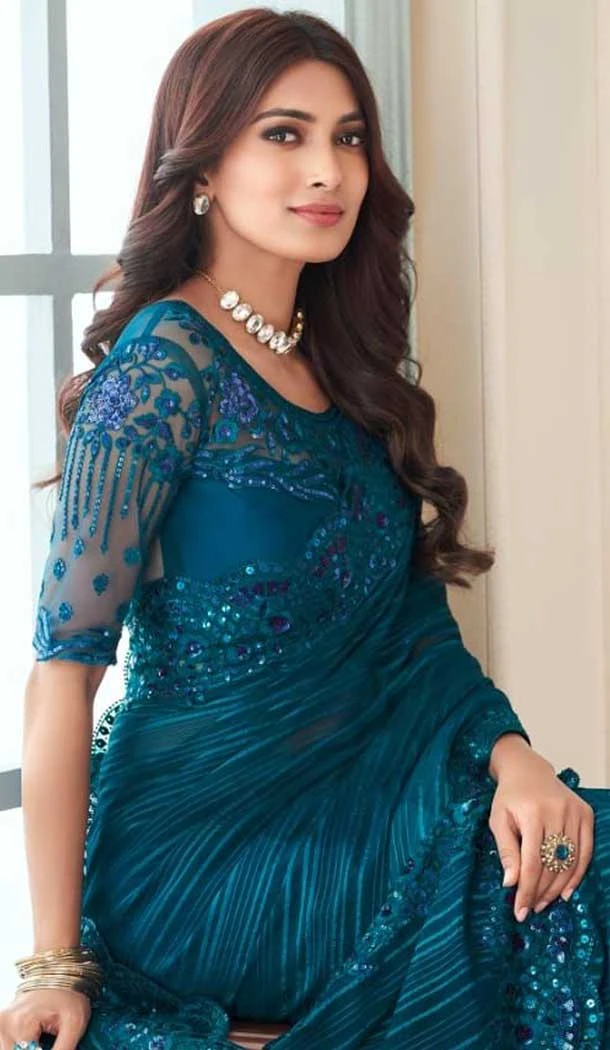Blue Color Rainbow Silk Embroidery Work Party Wear Designer Saree -5025159282