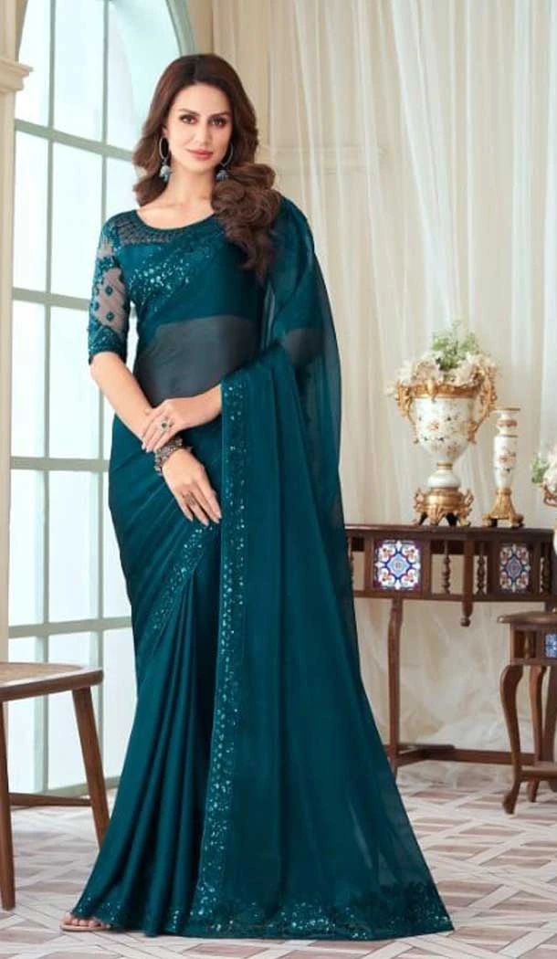 Blue Color Glass Silk Embroidery Work Party Wear Designer Saree -5025159286