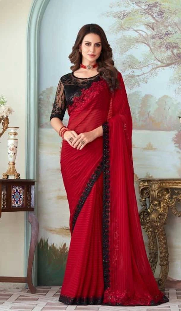 Red Color Roman Pattern Silk Embroidery Work Party Wear Designer Saree -5025159287