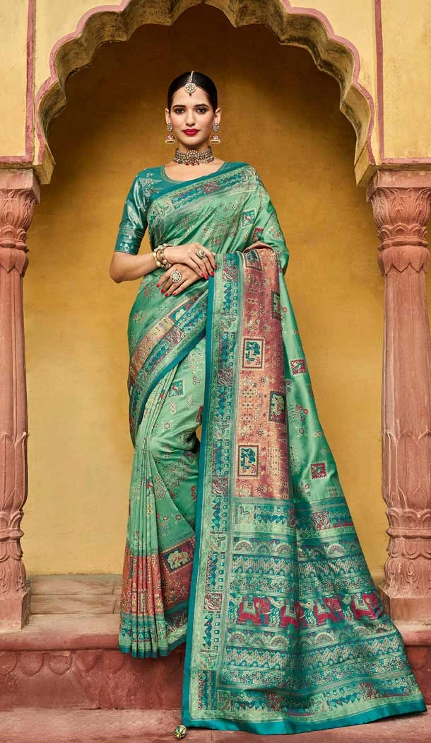Sea Green Color Silk Kanjivaram Tissue And Khatli Work Designer Wear Saree -5053159488