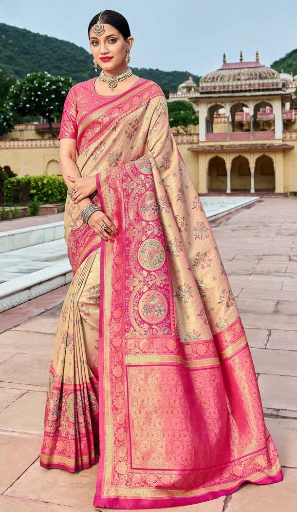 Beige Color Silk Kanjivaram Tissue And Khatli Work Designer Wear Saree -5053159489