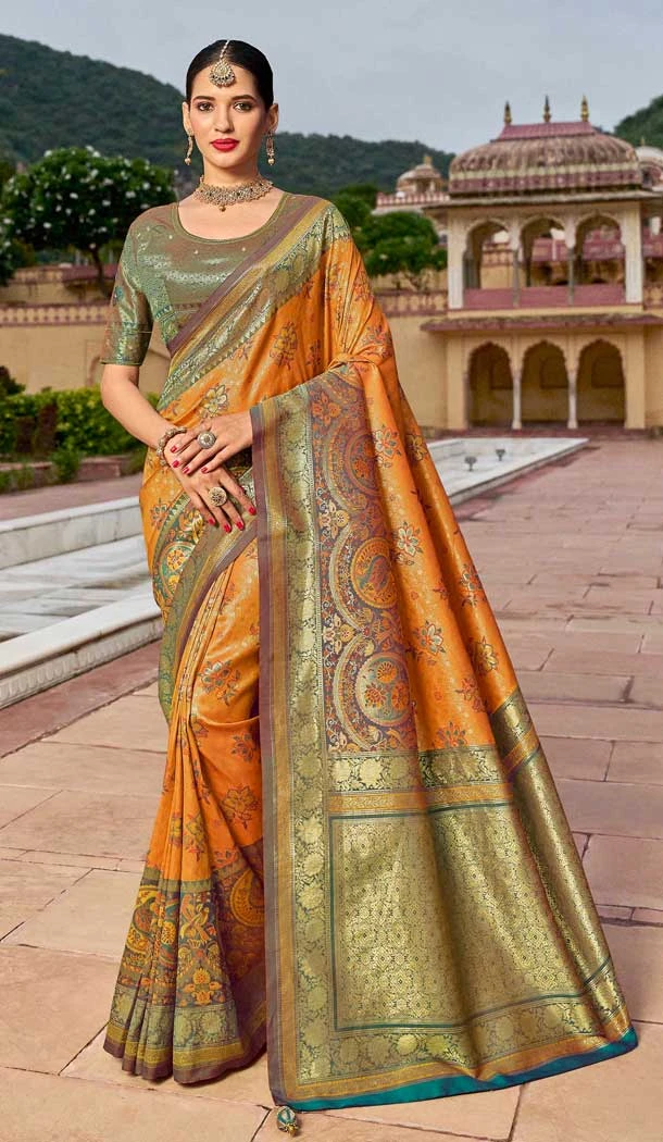 Orange Color Silk Kanjivaram Tissue And Khatli Work Designer Wear Saree -5053159490