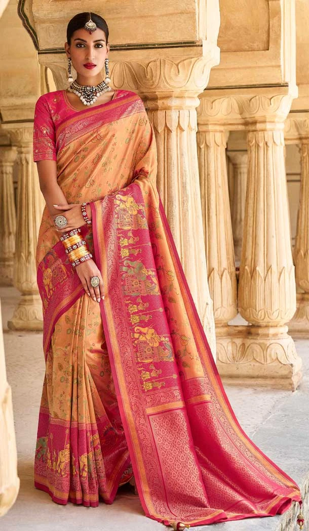 Light Orange Color Silk Kanjivaram Tissue And Khatli Work Designer Wear Saree -5053159491