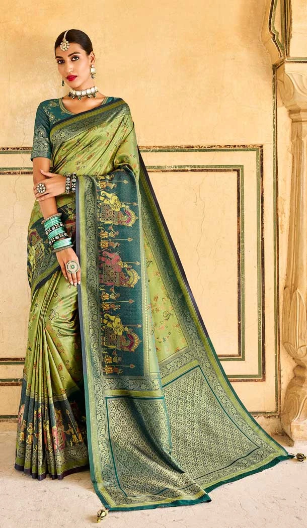 Olive Green Color Silk Kanjivaram Tissue And Khatli Work Designer Wear Saree -5053159492